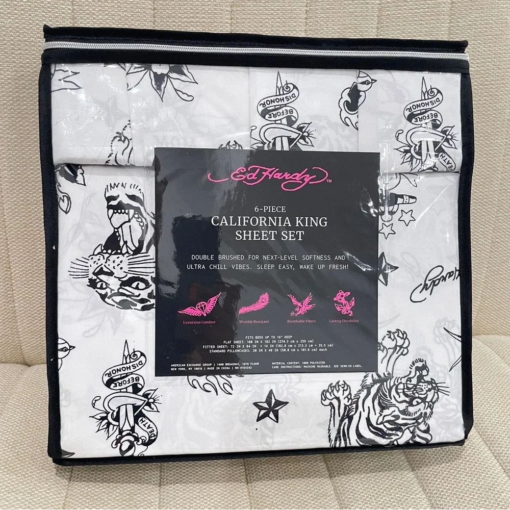 NEW Ed Hardy 6 Piece California King Sheet Set Tattoo Graphic Print White Black‎